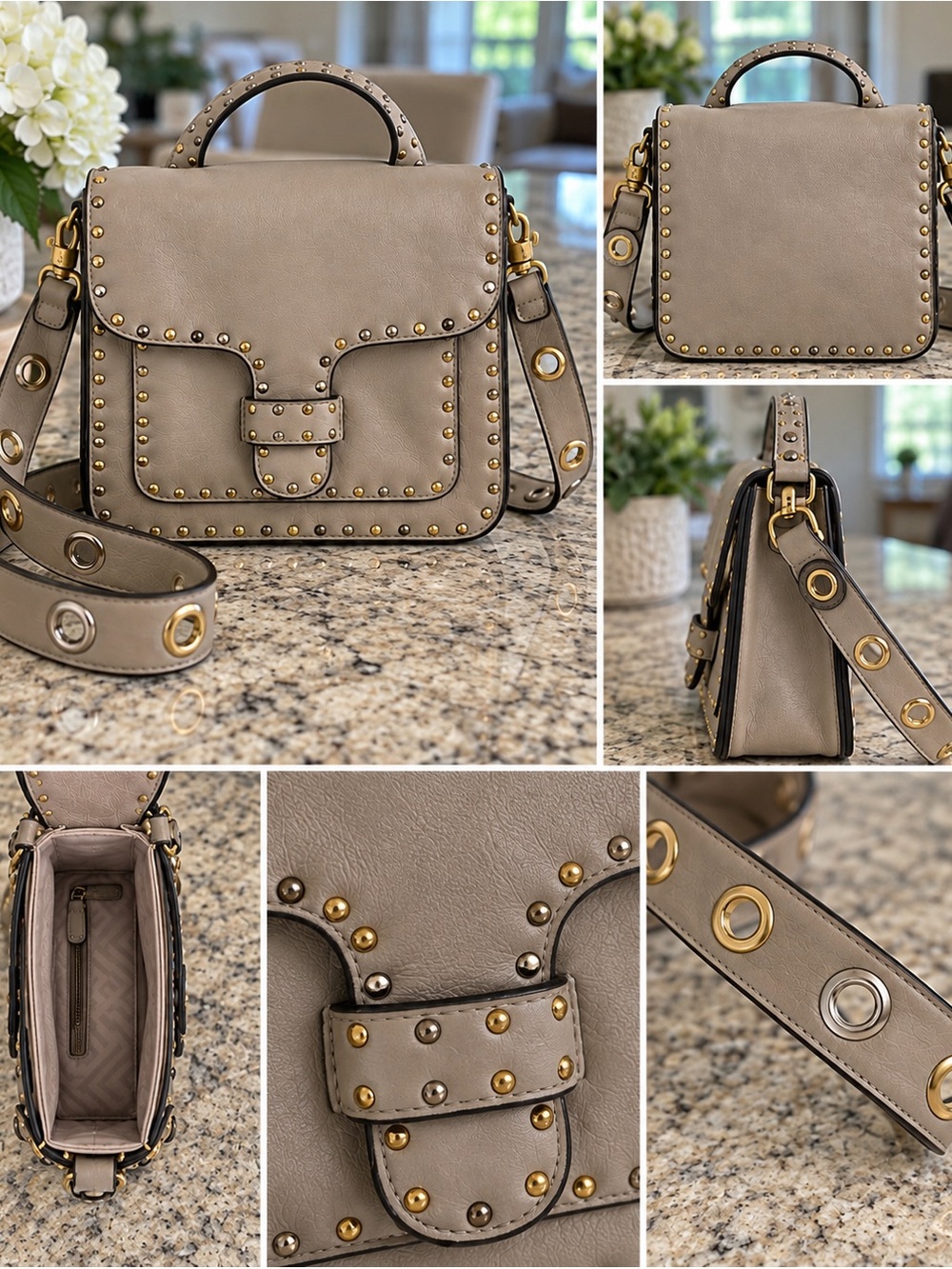 Rebecca Minkoff Taupe Leather Studded Crossbody Satchel